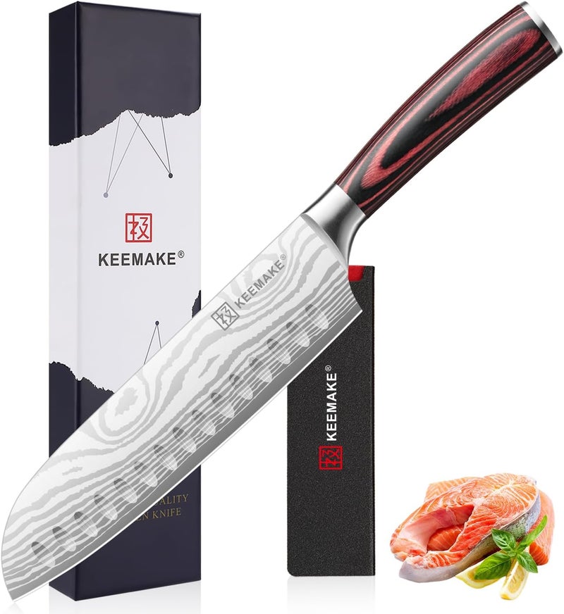 KEEMAKE 7 Inch Japanese Santoku Knife, Ultra-Sharp 1.4116 High Carbon Steel Blade with Pakkawood Handle, Professional Chef's Knife for Kitchen w/Sheath and Gift Box - Image 1